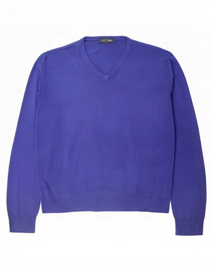 Marks & Spencer Męski sweter z dekoltem w kształcie litery V, XL, niebieski, akryl