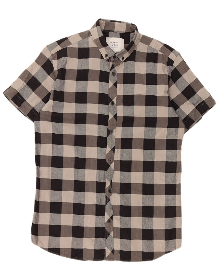 Koszula męska Jack & Jones z krótkim rękawem, slim fit, mała, szara, bawełniana krata