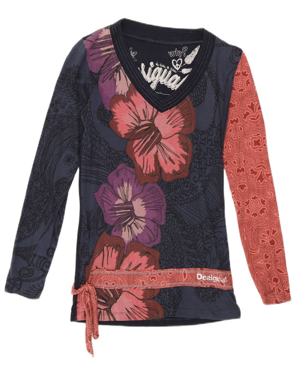 Desigual damski top graficzny z długim rękawem, UK 8, mały, granatowy, bawełniany w kwiaty