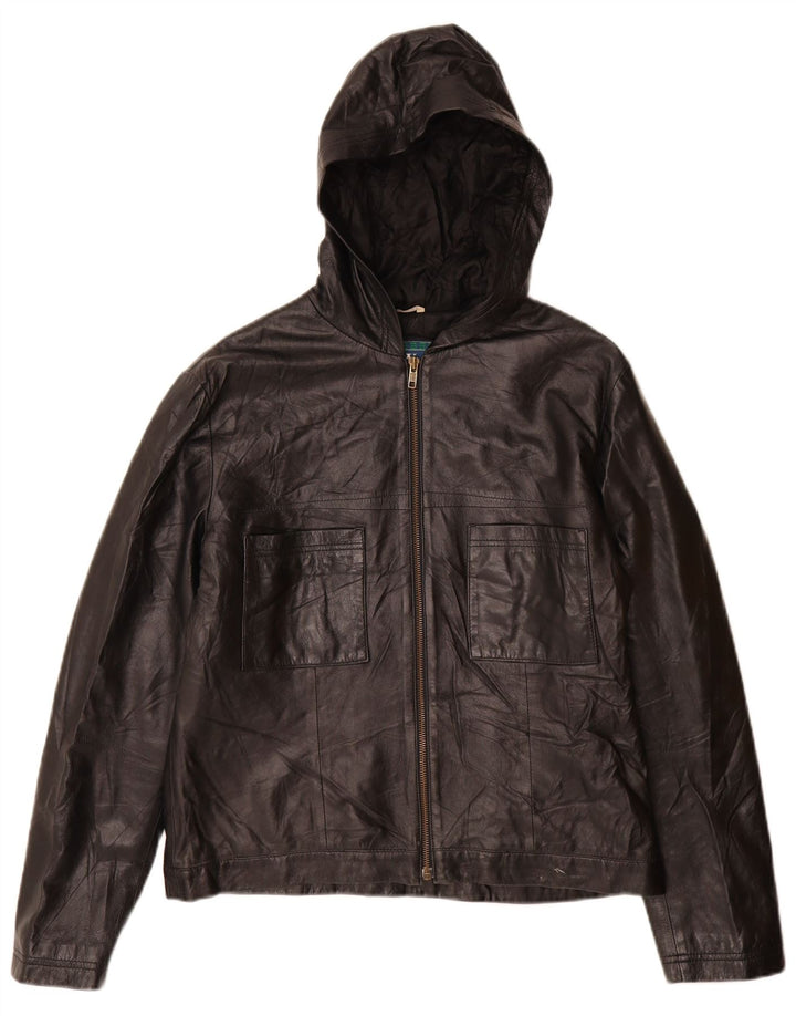 Vintage damska kurtka skórzana z kapturem IT 46, duża czarna skóra