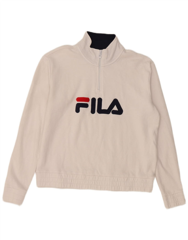 Damski sweter FILA z grafiką i zamkiem błyskawicznym UK 16, duży, biały, bawełniany