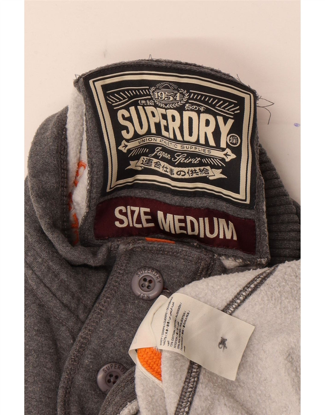 Męski sweter z kapturem Superdry, zapinany na guziki, średnioszary, bawełniany