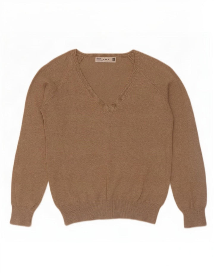 Sweter damski Zara z dekoltem w kształcie litery V, UK 12, średni beż, bawełna