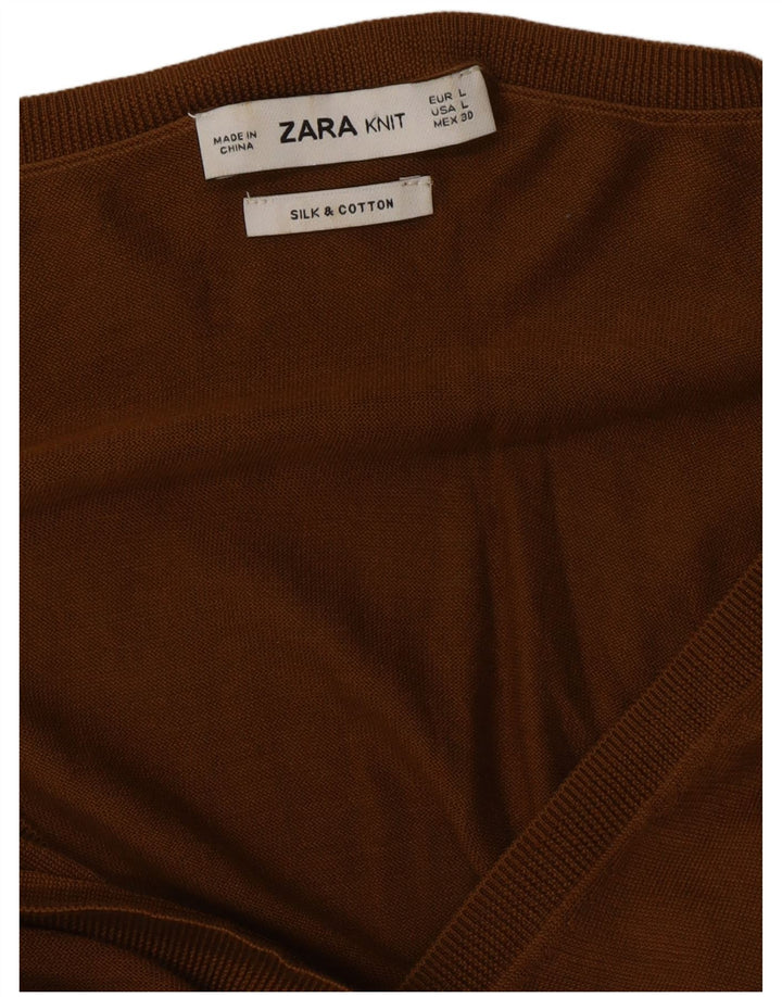 ZARA Womens Short Sleeve V-Neck Jumper Sweater UK 14 Large Brown Silk