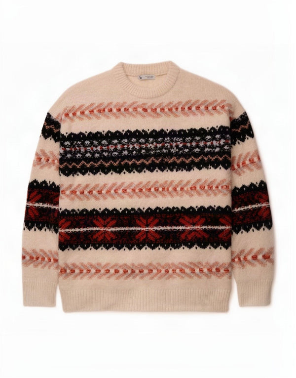 Męski sweter z okrągłym dekoltem Zara, średni, złamany biały, akryl Fair Isle