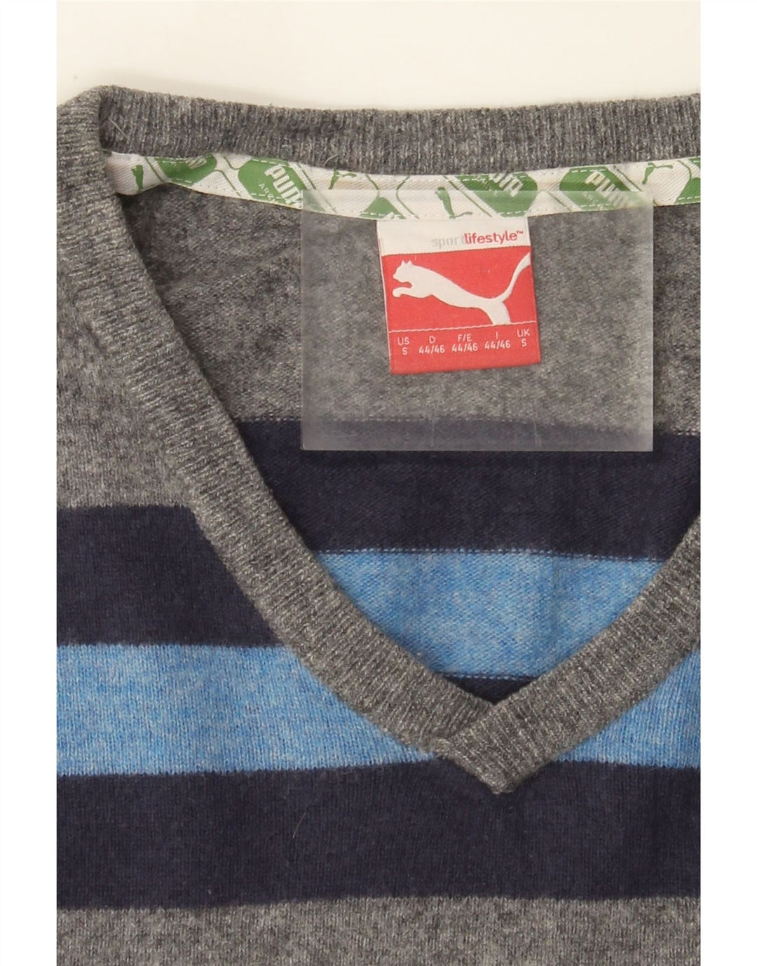 Męski sweter Puma z dekoltem w kształcie litery V, mały, szary, z owczej wełny w blokach kolorów