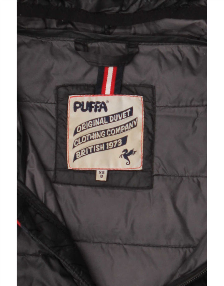 Damski ocieplany płaszcz z kapturem Puffa UK 8, mały, czarny nylon