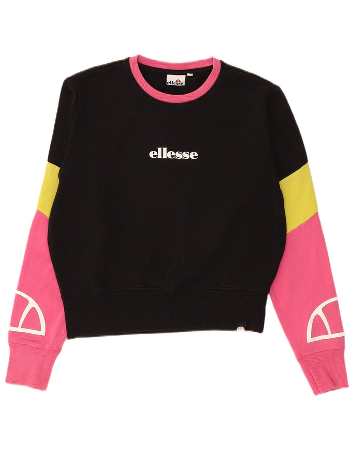 ELLESSE Womens Graphic Sweatshirt Jumper UK 14 Medium Black Colourblock Vintage Ellesse and Second-Hand Ellesse from Messina Hembry 