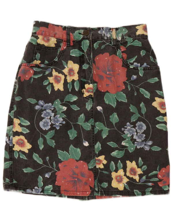 Damska spódnica dżinsowa w stylu vintage UK 12 Medium W28 Czarna bawełniana w kwiaty