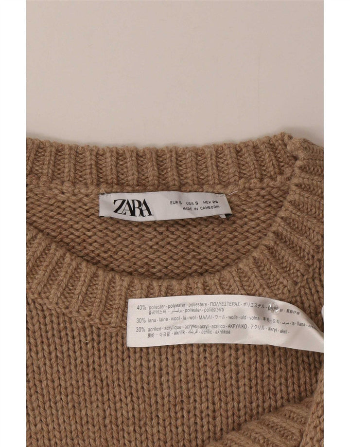 Damski sweter oversize Zara z okrągłym dekoltem, UK 10, mały, brązowy poliester