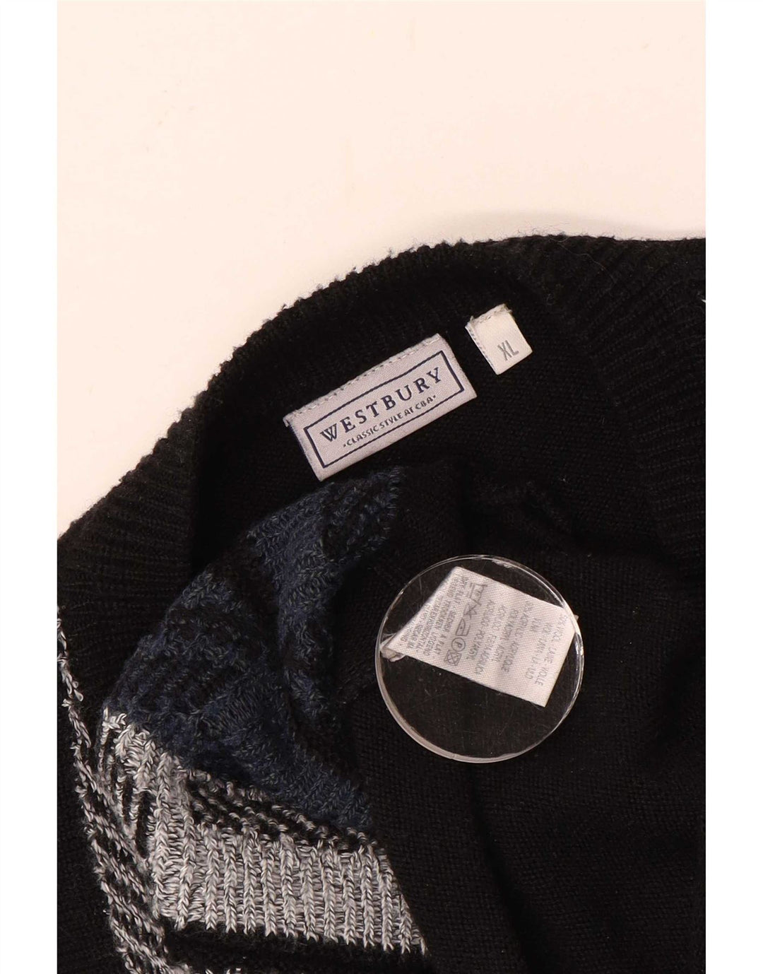 WESTBURY Męski sweter z dekoltem w kształcie litery V, XL, czarna, geometryczna wełna