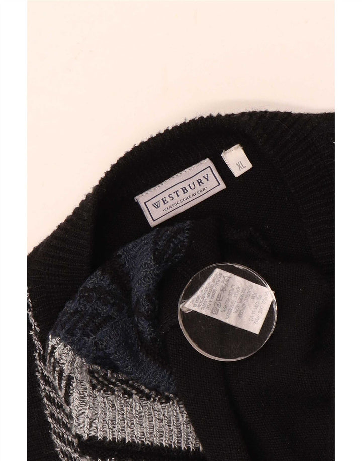 WESTBURY Męski sweter z dekoltem w kształcie litery V, XL, czarna, geometryczna wełna