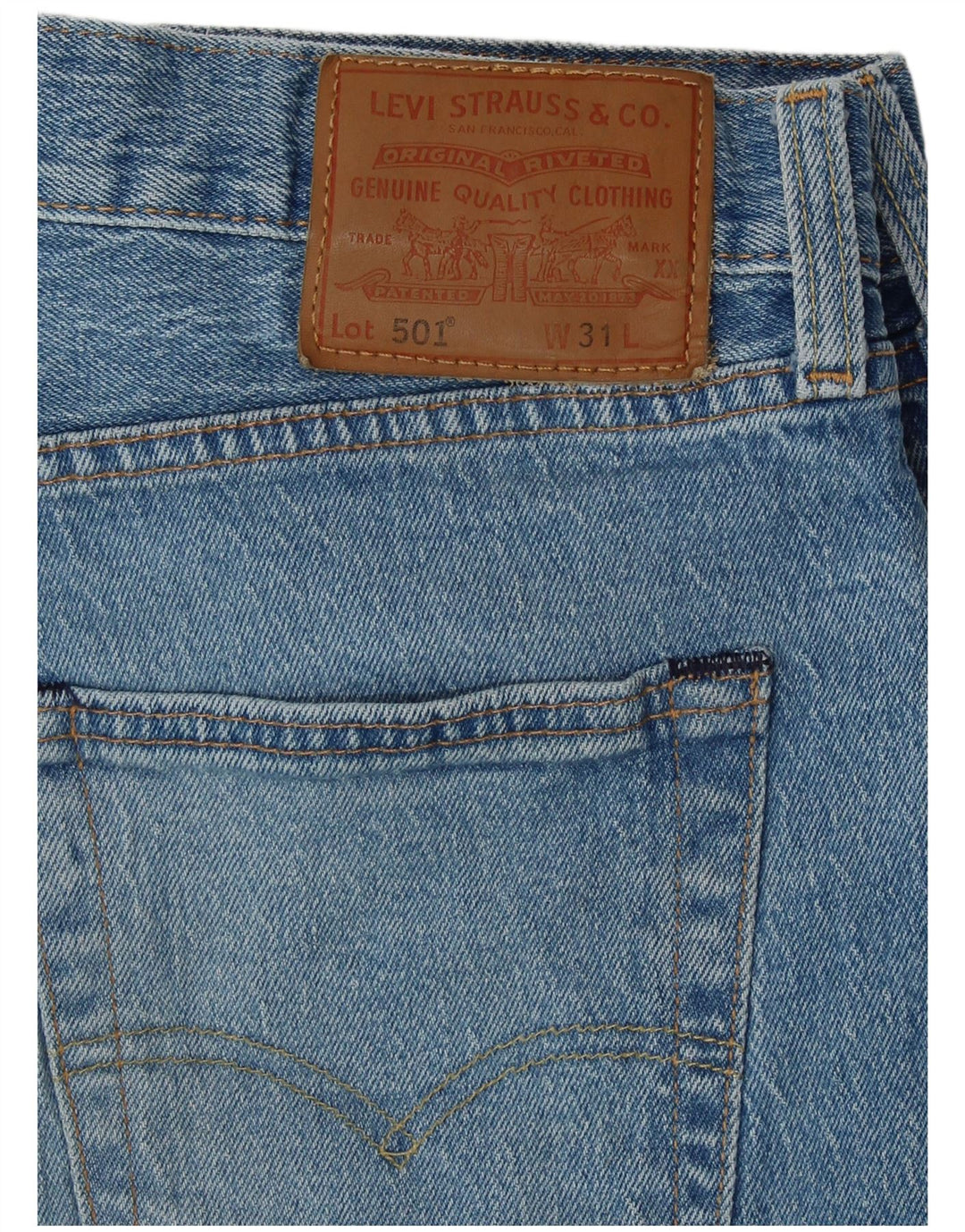 Męskie spodenki jeansowe LEVI'S 501 w trudnej sytuacji W31 Średnioniebieskie, bawełniane