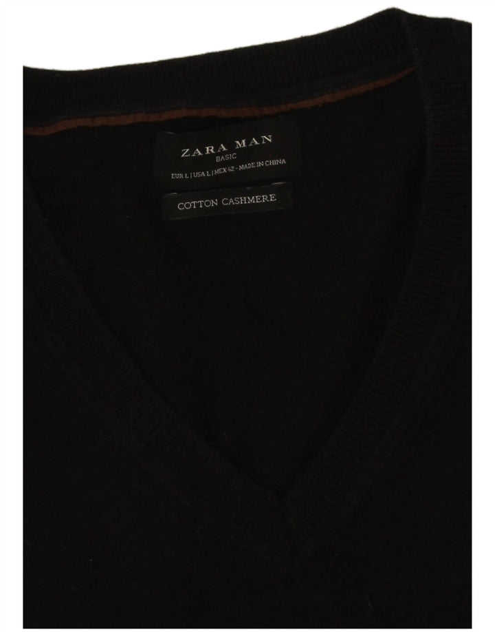 Męski sweter Zara z dekoltem w kształcie litery V, duży, czarny, bawełniany