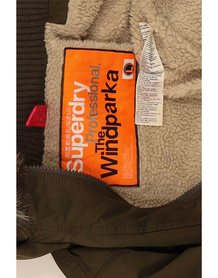Damska kurtka parka z kapturem Superdry UK 14, duża, zielona, poliestrowa