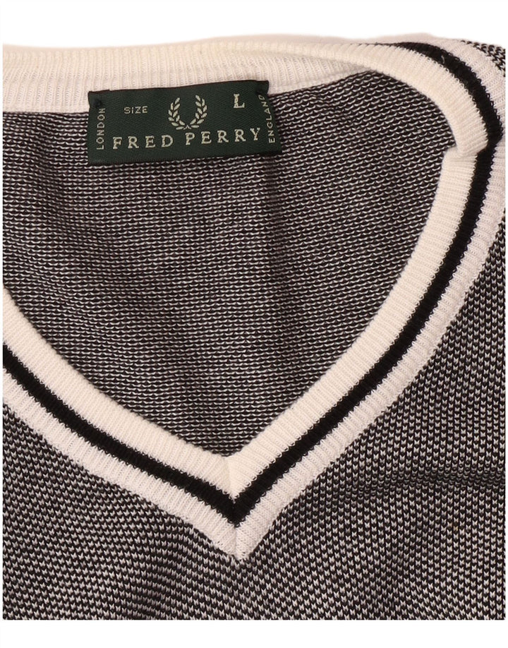 Męski sweter Fred Perry z dekoltem w kształcie litery V, duży, czarny, z blokami kolorów