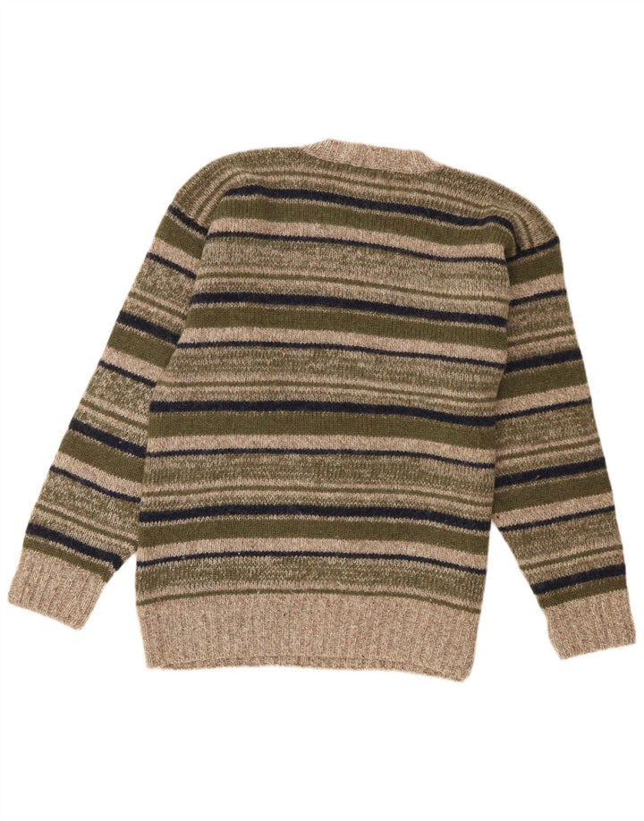 Męski sweter w stylu vintage z dekoltem w szpic, duża wełniana w paski khaki