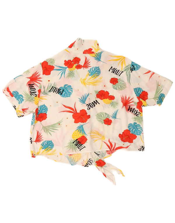 Damska bluzka koszulowa VINTAGE z krótkim przodem i wiązaniem UK 16, duża, biała w kwiaty