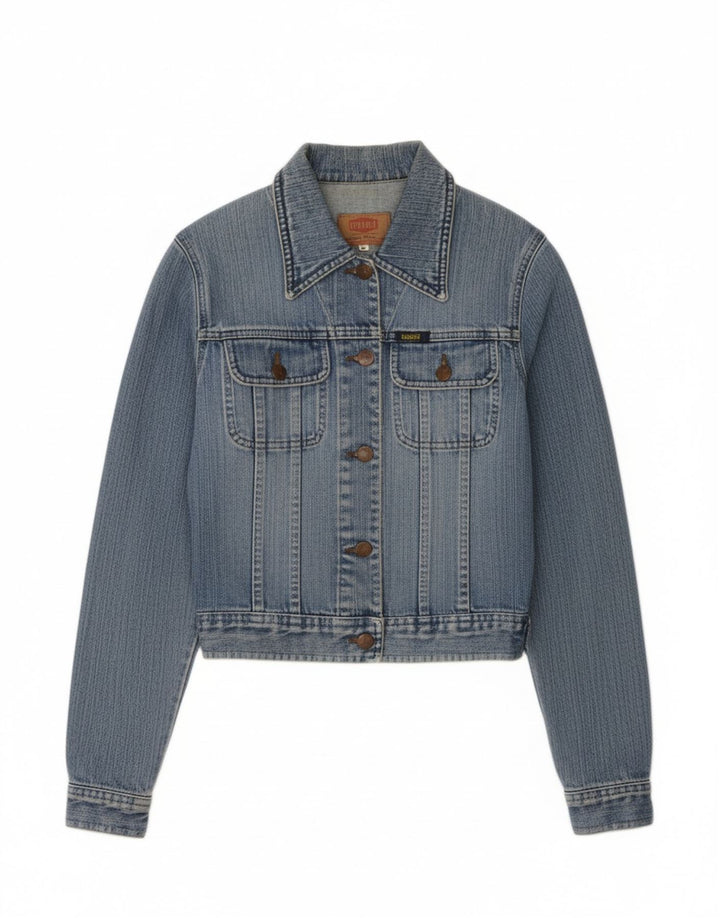 VINTAGE Womens Crop Denim Jacket UK 12 Medium Blue Cotton Vintage Vintage and Second-Hand Vintage from Messina Hembry 