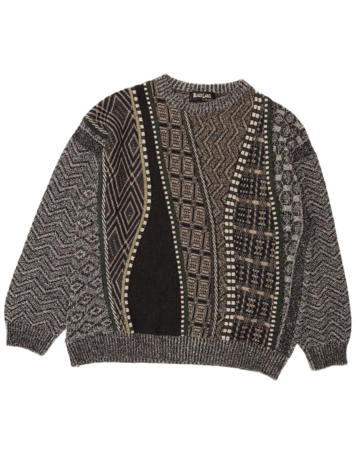 Vintage męski sweter z okrągłym dekoltem XL, szara patchworkowa wełna z alpaki