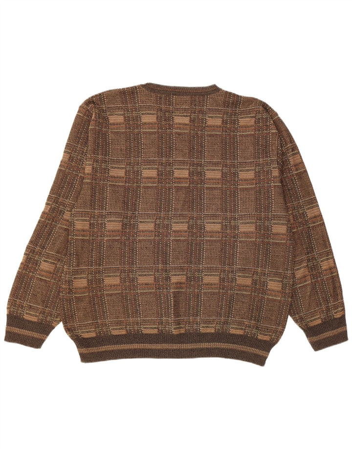 Vintage męski sweter z okrągłym dekoltem, duża brązowa kratka