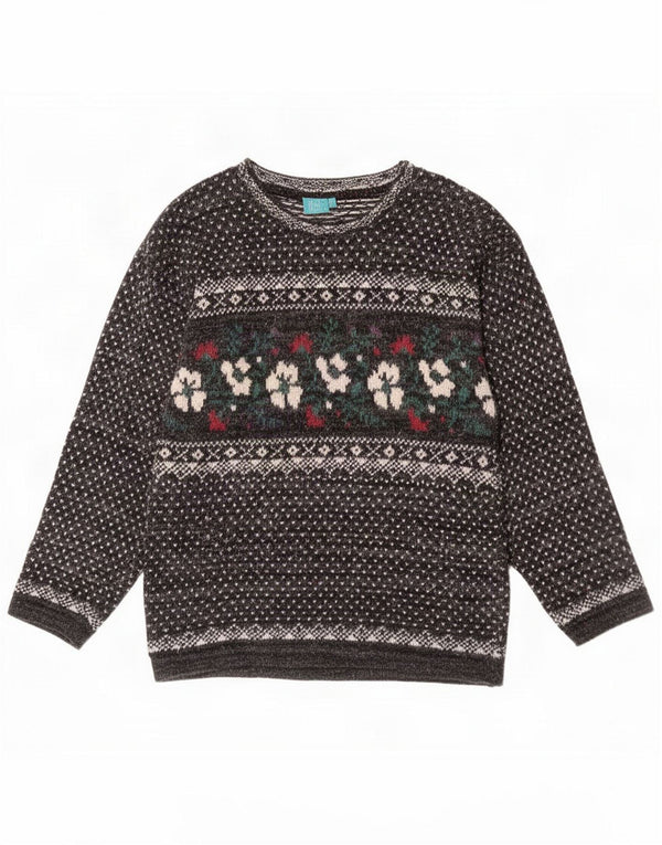 Vintage damski sweter z dekoltem w łódkę UK 14 średni szary w kwiaty, bawełna