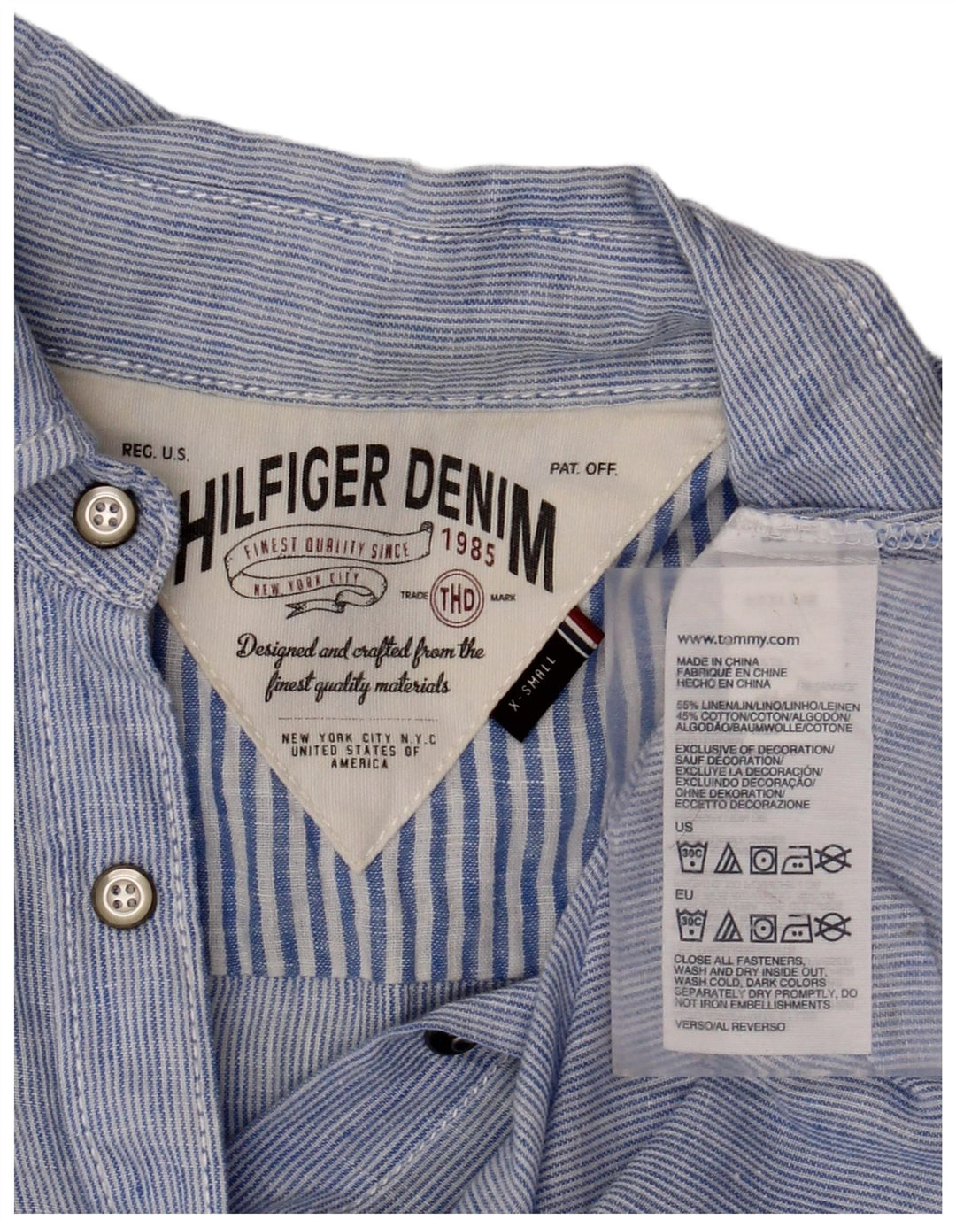 Damska bluzka koszulowa z krótkim rękawem TOMMY HILFIGER UK 6 XS, lniana w niebieskie paski