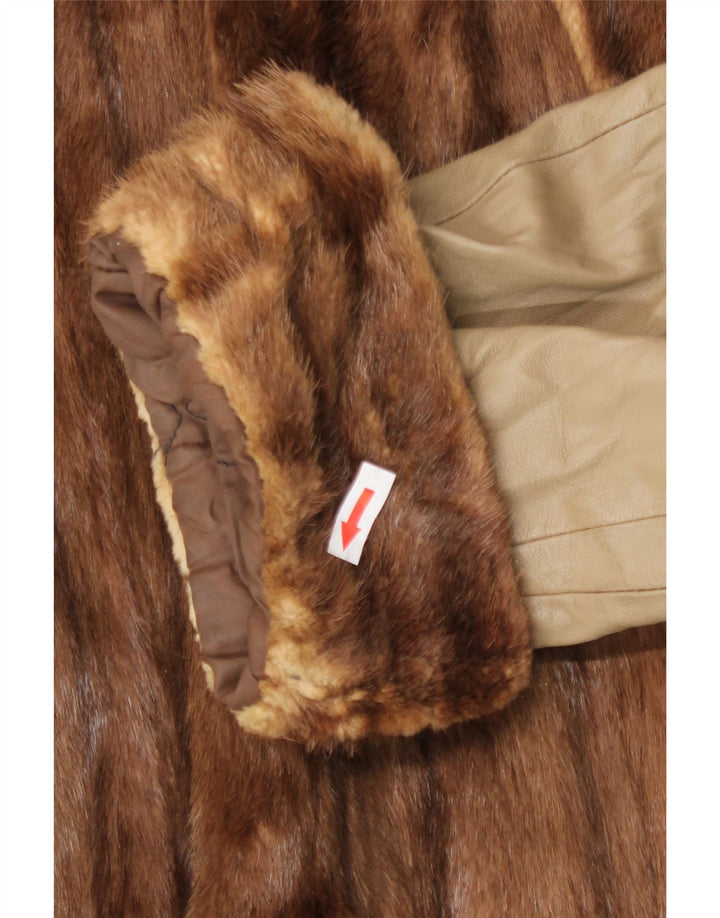 Vintage damski płaszcz skórzany z futrem UK 16, duży beż