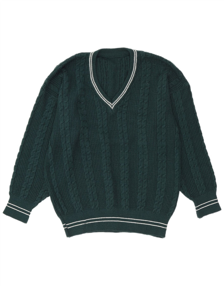 Vintage męski sweter z dekoltem w kształcie litery V, duże, zielone paski