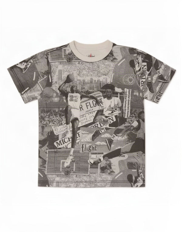 Chłopięcy T-shirt z grafiką Jordan na 10-11 lat, średnioszary, patchworkowy, bawełniany