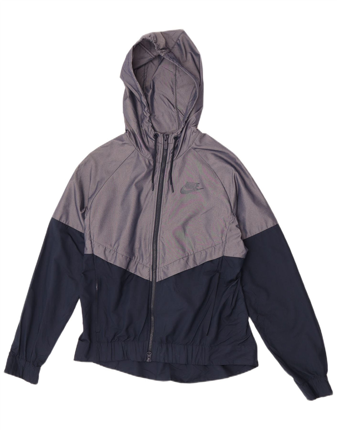 Damska kurtka przeciwdeszczowa z kapturem, oversize, Nike UK 10, mały, szary nylon z blokami kolorów