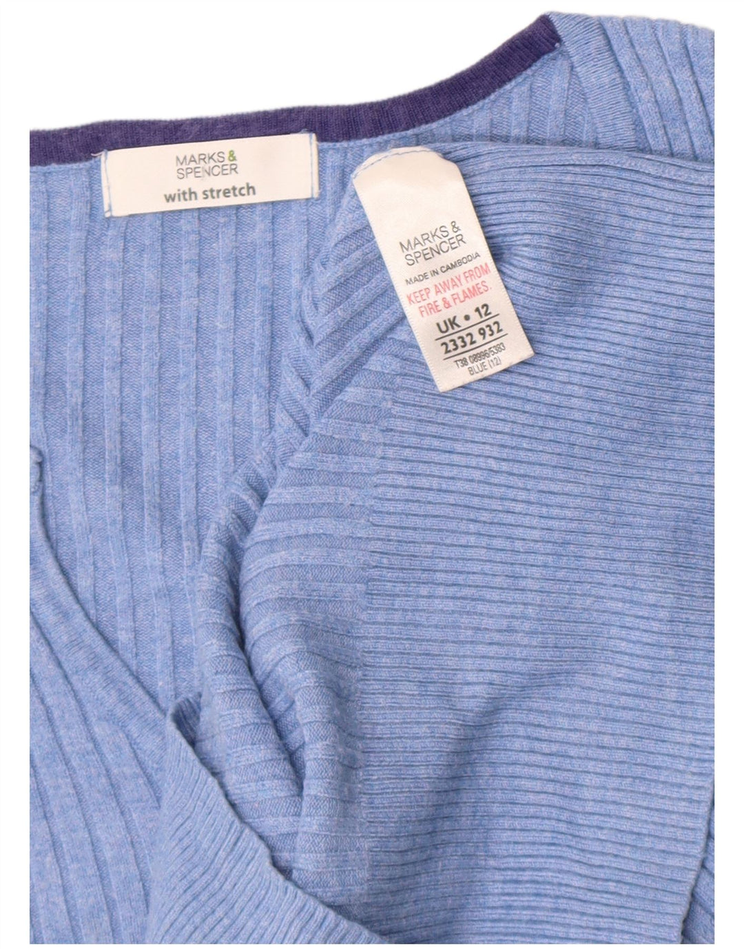 Marks & Spencer Damski sweter z krótkim rękawem i dekoltem w kształcie litery V, UK 12, średni niebieski