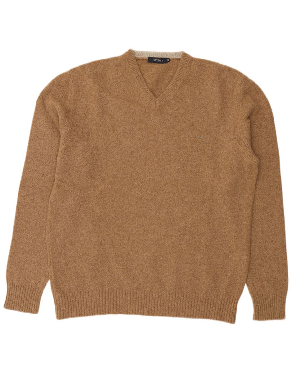 Sweter męski Seventy z dekoltem w kształcie litery V, 2XL, brązowa wełna merynosowa