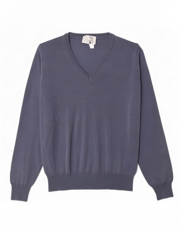 Vintage męski sweter z dekoltem w kształcie litery V, średni niebieski, wełna merynosowa