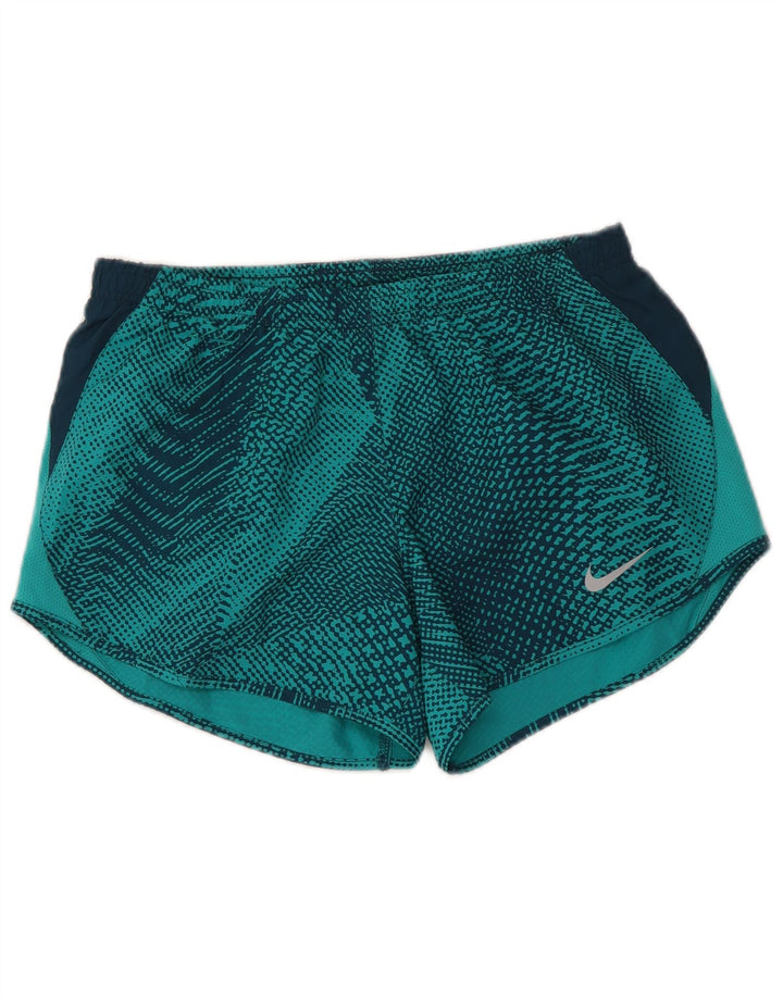 Damskie spodenki sportowe NIKE Dri Fit UK 10, małe, niebieskie, geometryczne, z poliestru