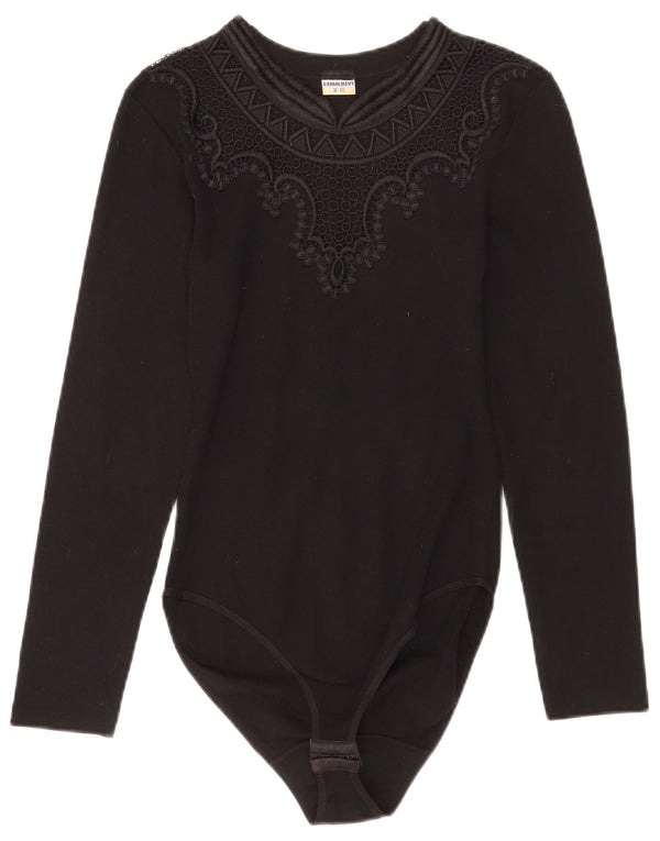 Vintage damskie body z długim rękawem UK 2 2XS czarna dziewicza wełna