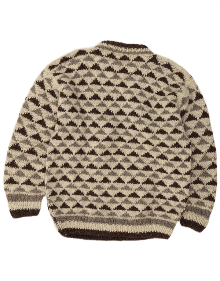 Vintage męski sweter z okrągłym dekoltem, średni, złamany biały geometryczny