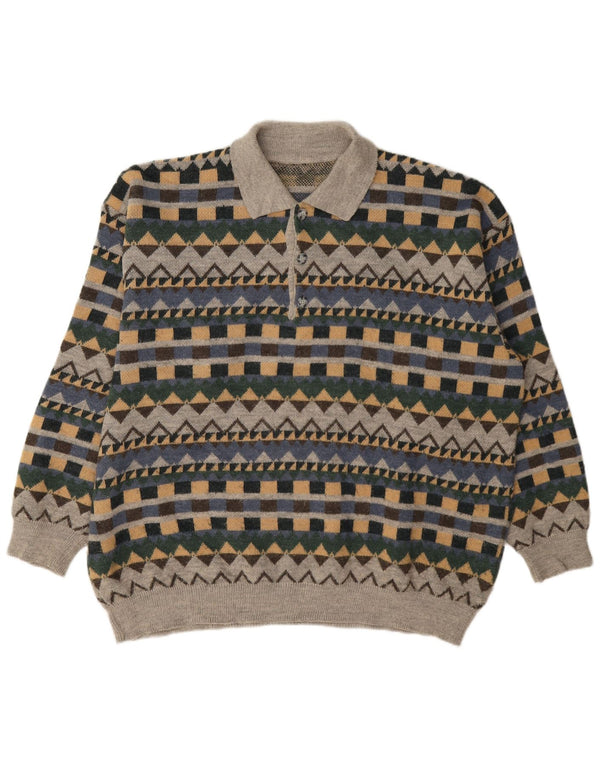 Vintage męski sweter polo XL szary geometryczny akryl