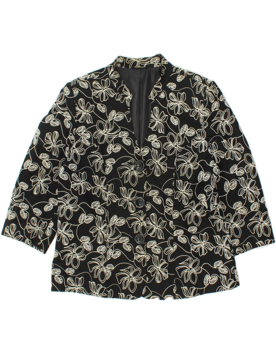 EWM Womens 3 Button 3/4 Sleeve Blazer Jacket UK 14 Medium  Black Floral Vintage EWM and Second-Hand EWM from Messina Hembry 