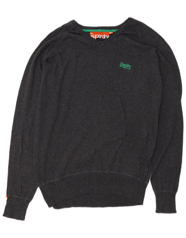 SUPERDRY Damski sweter z dekoltem w kształcie litery V, UK 16, duży, szary, bawełniany