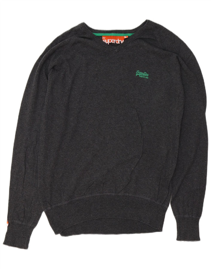 SUPERDRY Damski sweter z dekoltem w kształcie litery V, UK 16, duży, szary, bawełniany