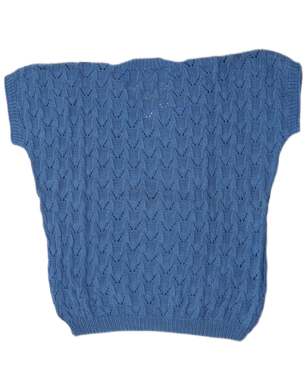 Sweter damski w stylu vintage z krótkim rękawem i dekoltem w szpic UK 20 2XL niebieski