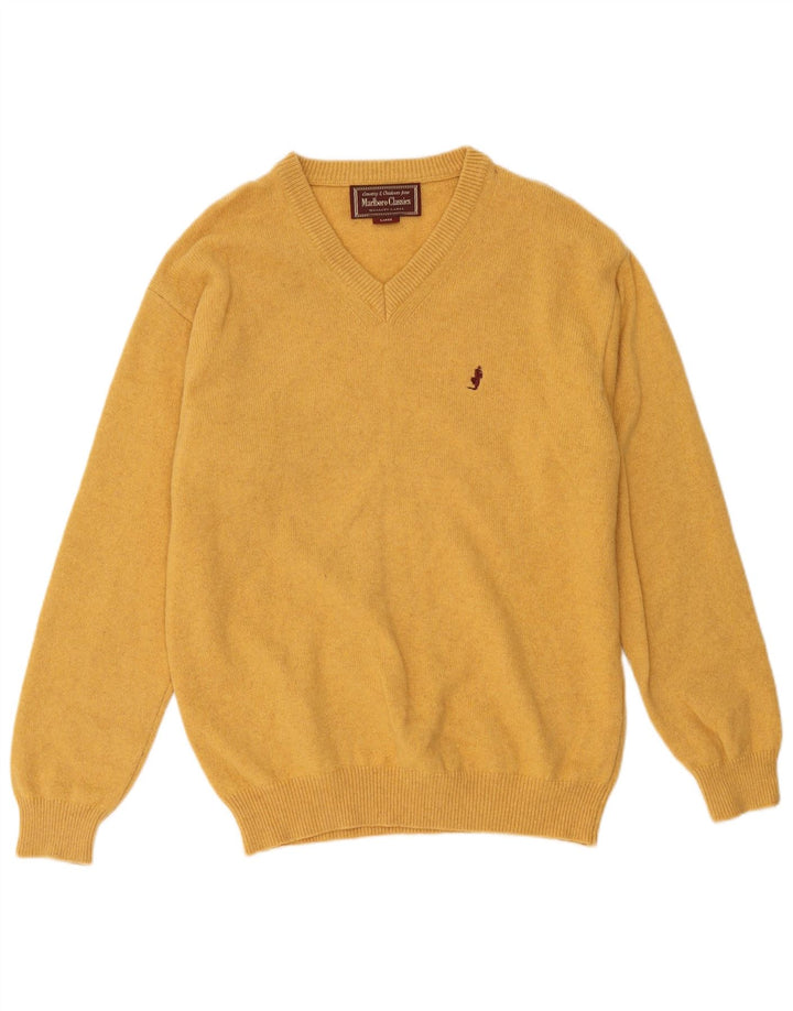 Marlboro Classics Męski sweter z dekoltem w kształcie litery V, duży, żółty, wełniany