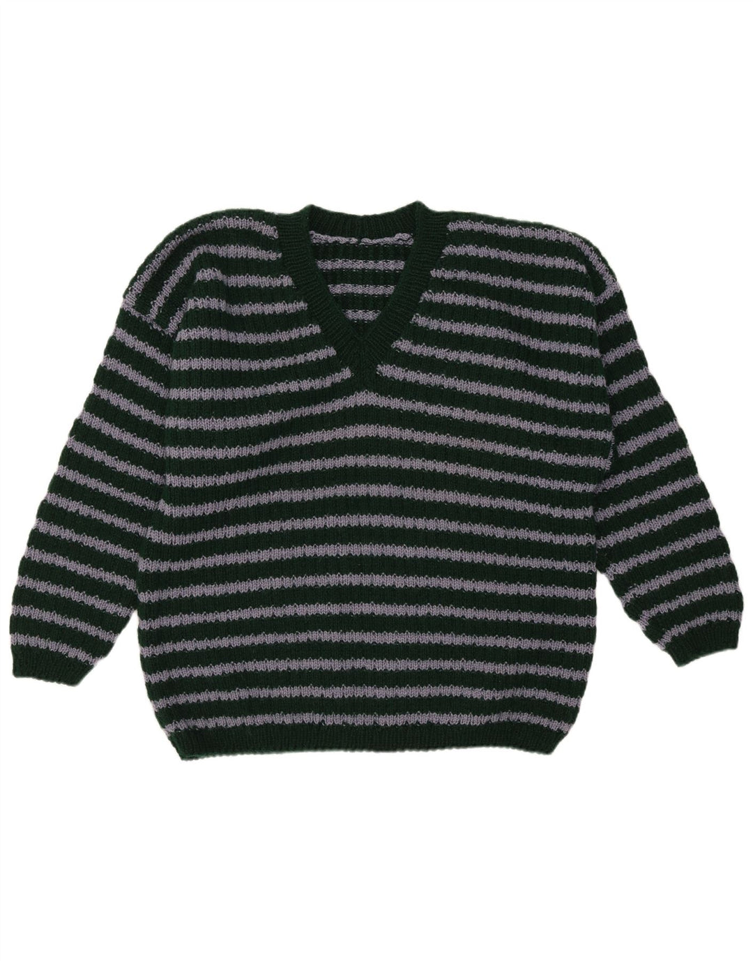 Męski sweter w stylu vintage z dekoltem w szpic, w średnie zielone paski