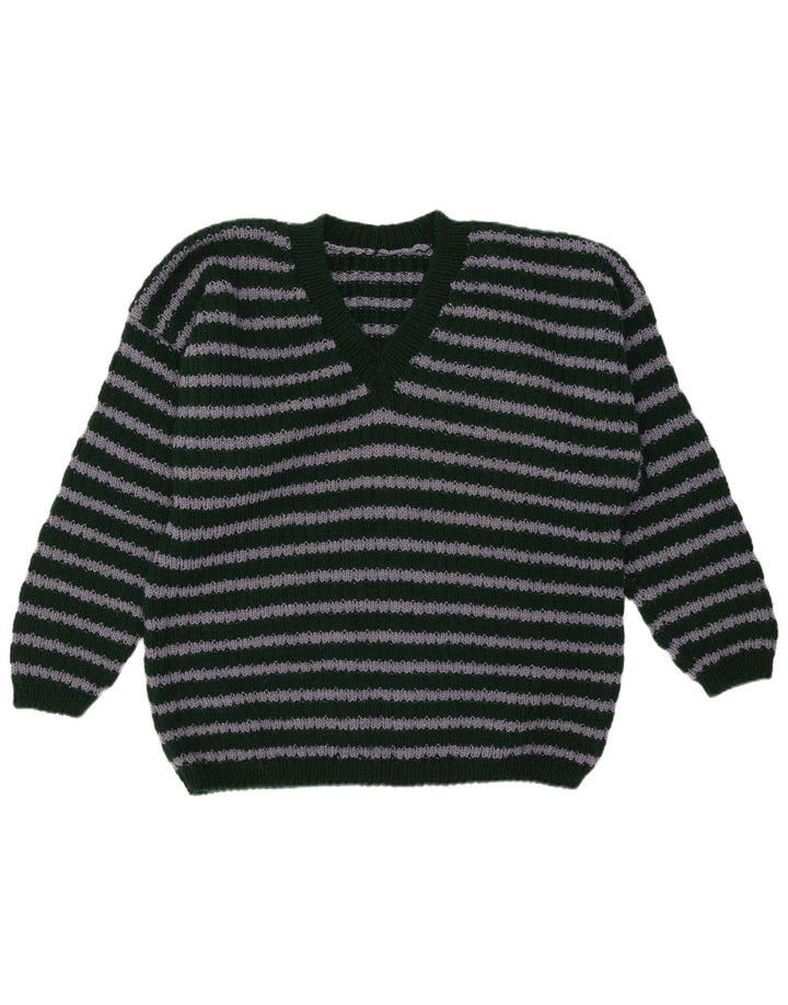 Męski sweter w stylu vintage z dekoltem w szpic, w średnie zielone paski