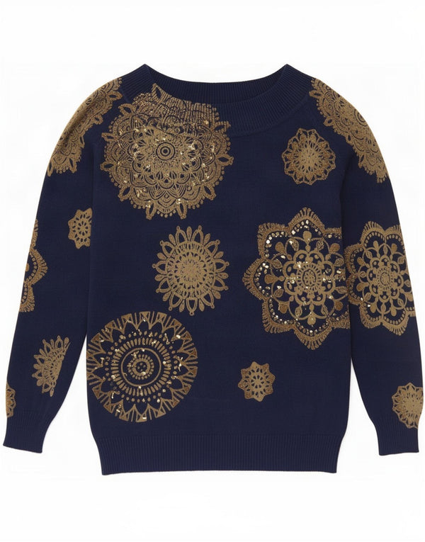 Desigual damski sweter z dekoltem w łódkę UK 14, duży, granatowy, geometryczny