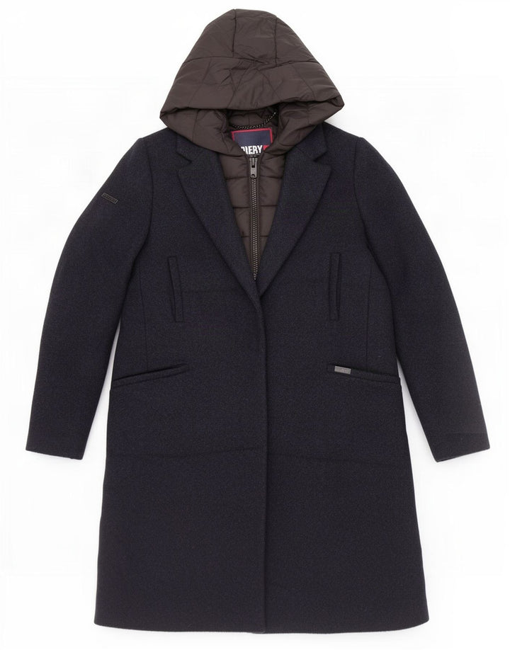 Damski ocieplany płaszcz z kapturem Superdry UK 10, mały, granatowy, poliester
