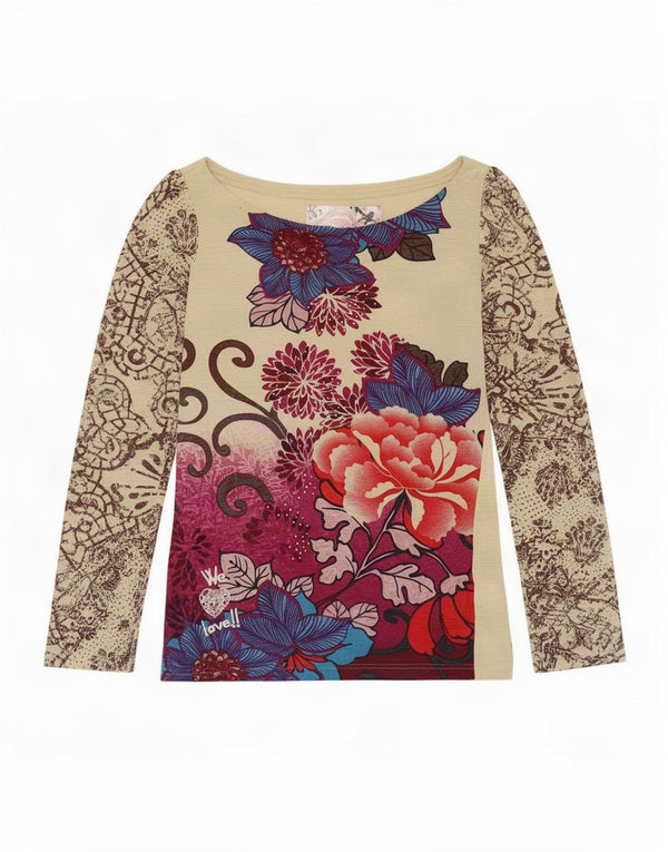 Desigual damski top graficzny z długim rękawem UK14 duży beżowy kwiatowy wiskoza