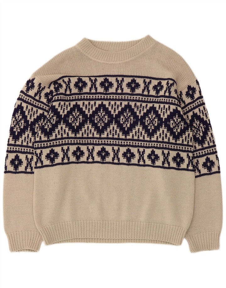 Vintage męski sweter z dekoltem w łódkę, średni beż Fair Isle