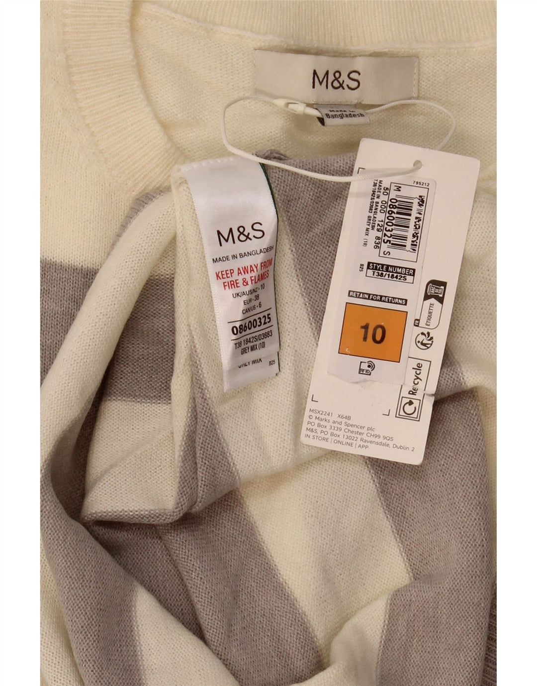Marks & Spencer Damski sweter z okrągłym dekoltem, UK 10, w małe beżowe paski